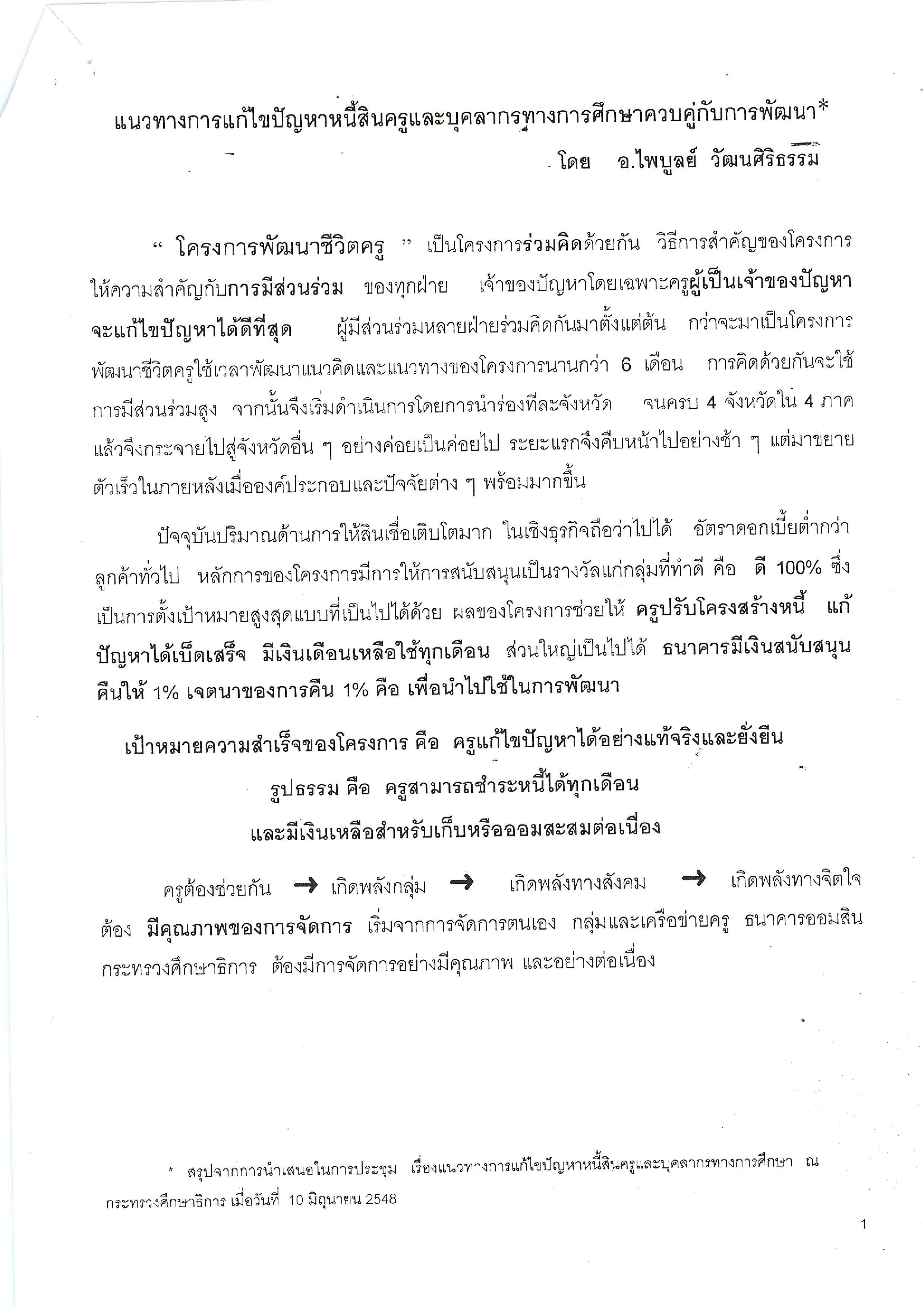 สรุปจากการนำเสนอในการประชุมเรื่อง "แนวทางการแก้ไขปัญหาหนี้สินครูและบุคลากรทางการศึกษา" หัวข้อ "แนวทางการแก้ไขปัญหาหนี้สินครูและบุคลากรทางการศึกษาควบคู่กับการพัฒนา"