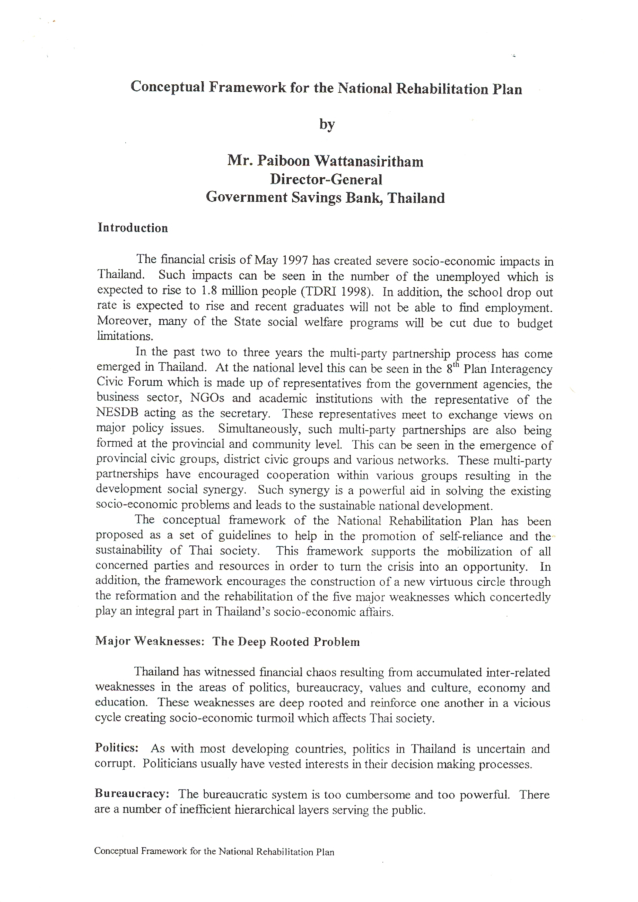 Conceptual Framework for the National Rehabilitation Plan
