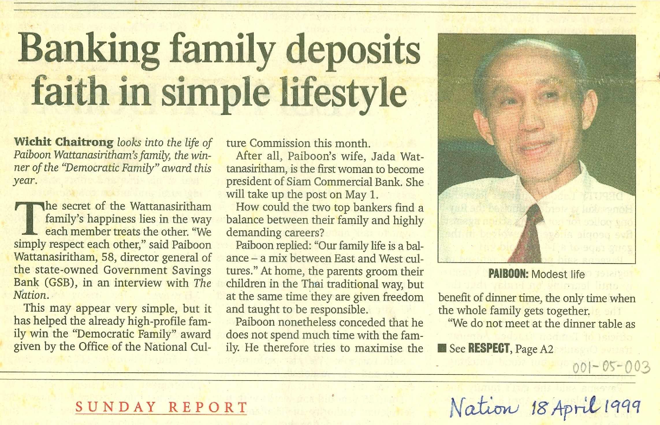 Banking family deposits faith in simple lifestyle