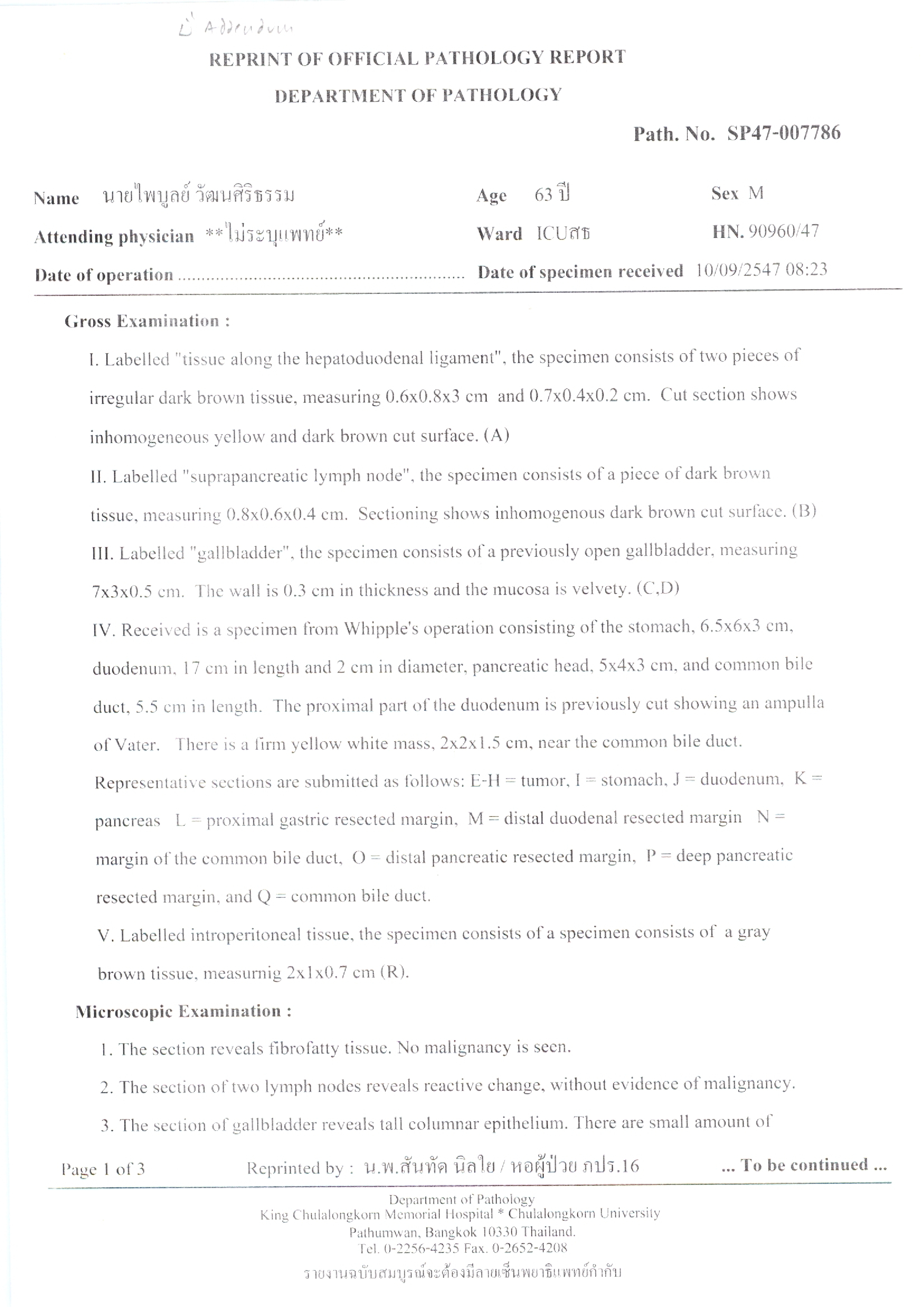 (สำเนา) รายงานทางพยาธิวิทยา : การตรวจรักษาก้อนเนื้อที่ตับอ่อน