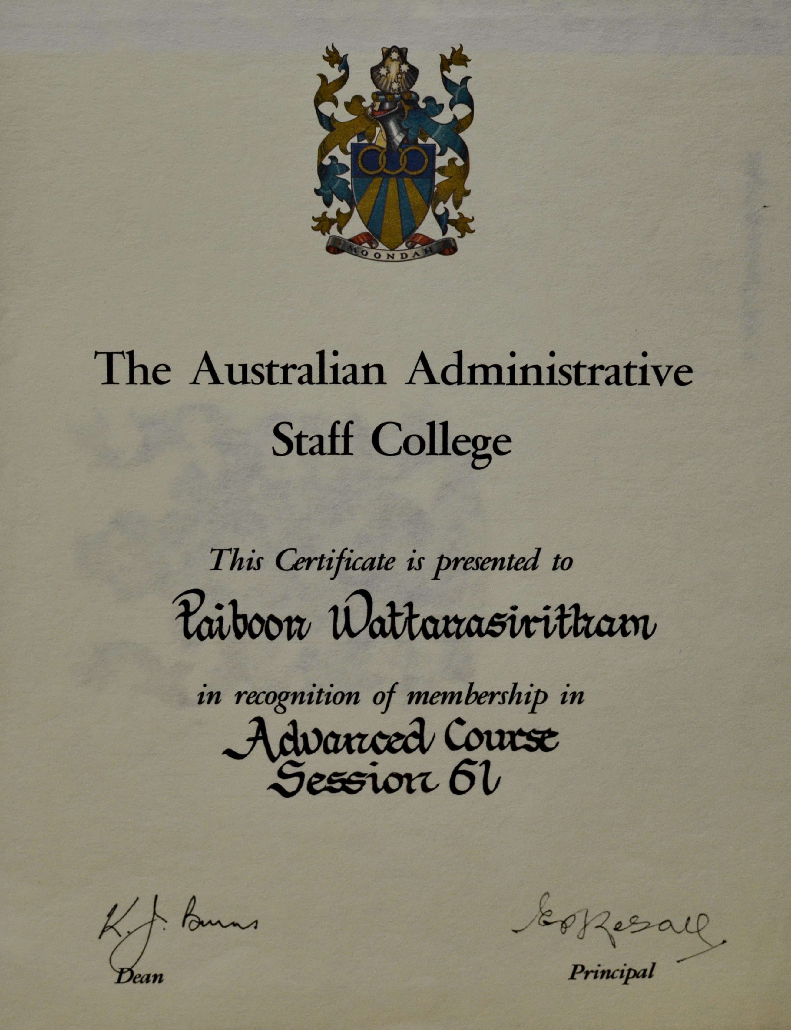 Certificate of Membership in Advanced Course Session 61